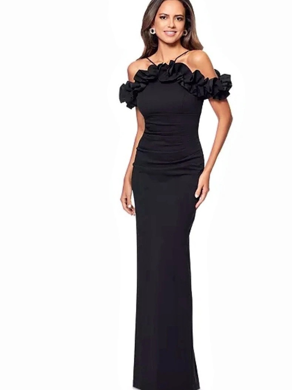 Xscape Black Off-Shoulder Ruffle Maxi Dress Size 12 Like New
